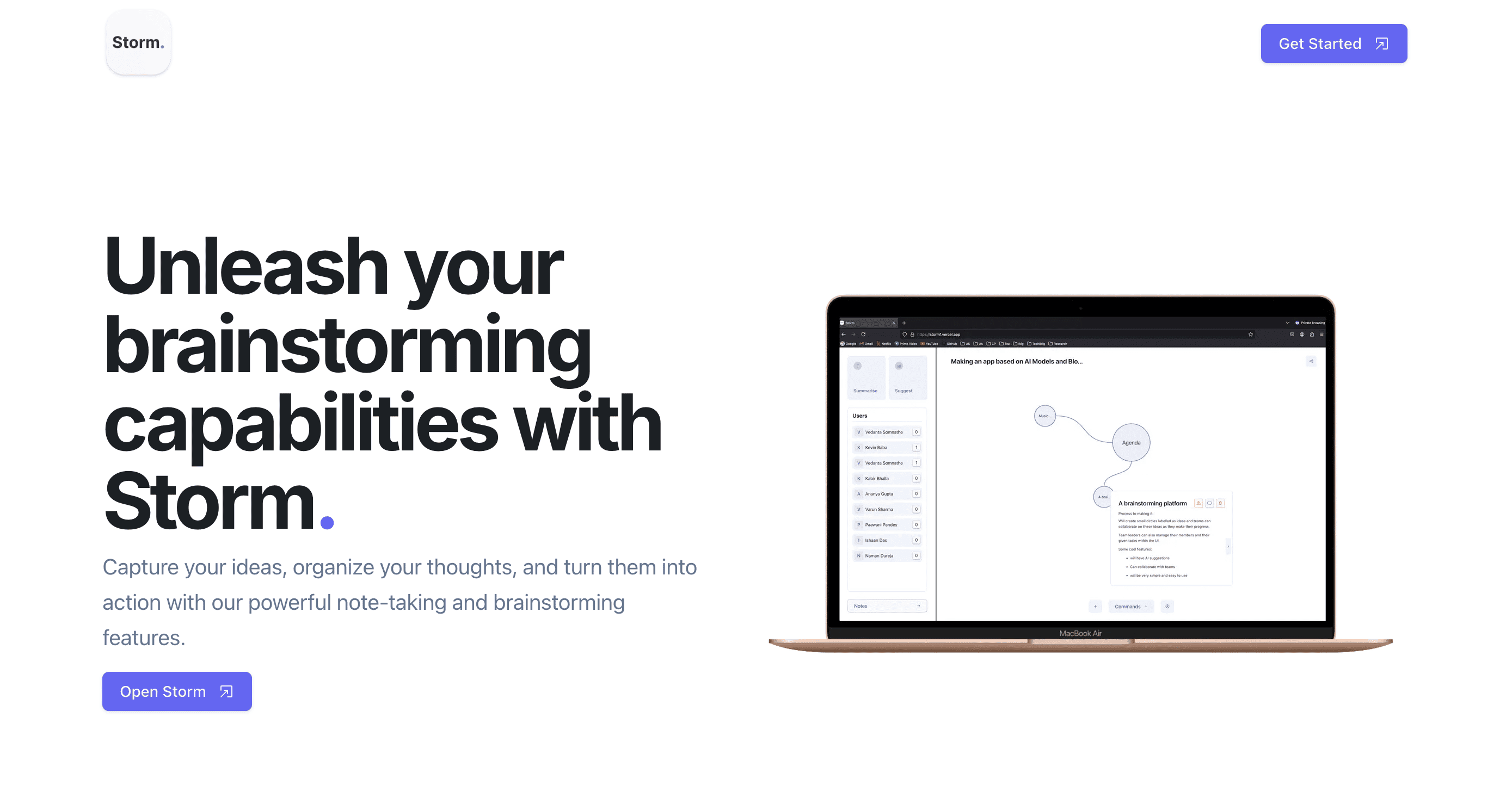 Storm — Collaborative Brainstorming Platform - Full-Stack / Real-Time Collaboration project by Roshan Sharma showcasing Next.js, TypeScript, React